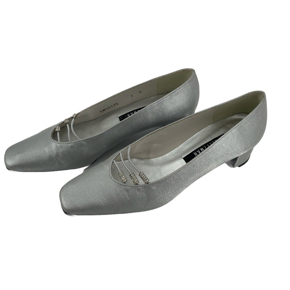 Stuart Weitzman Satin Shoes Women's 7 N Silver Matte Prom Block‎ Heel *READ